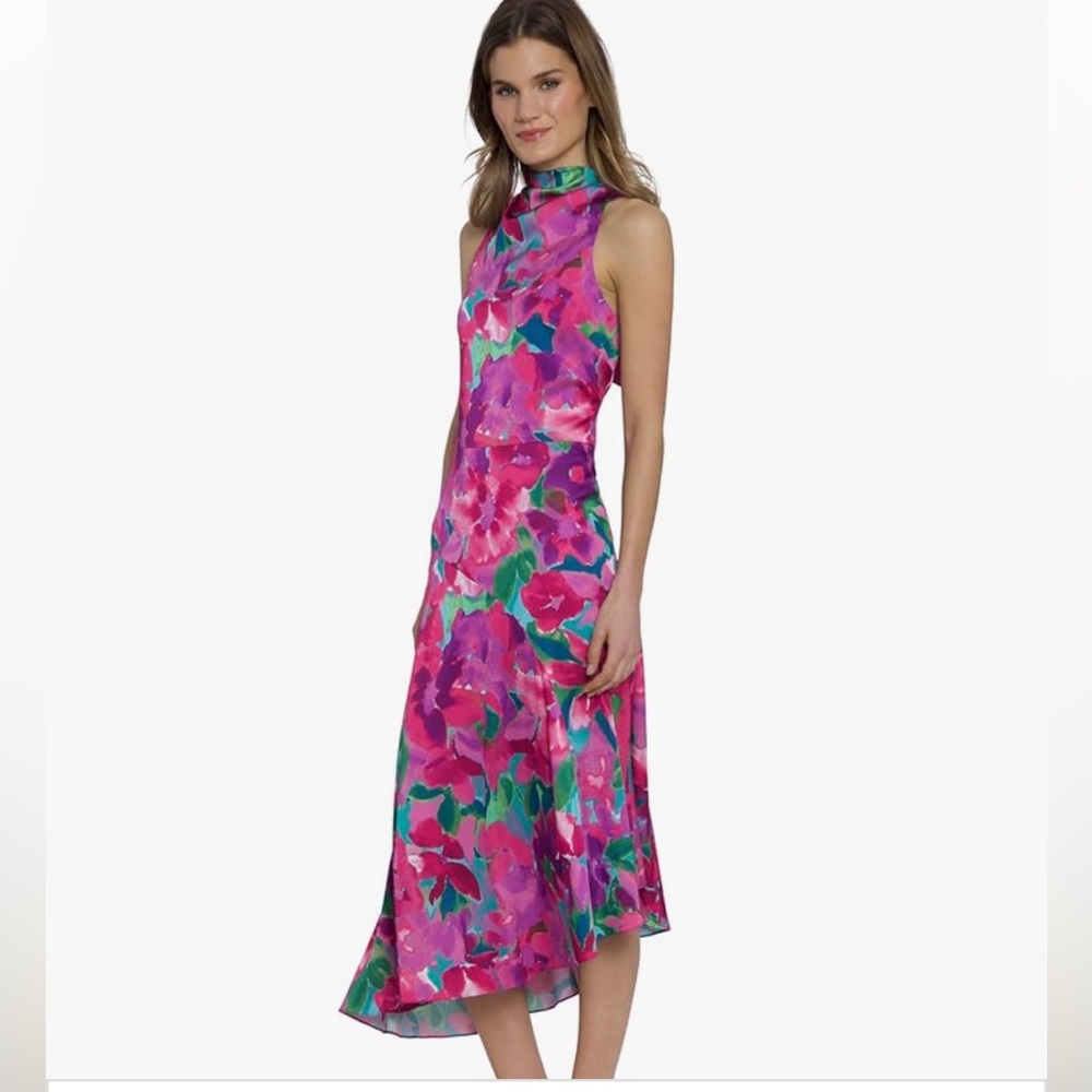 Maggy London Pink High Neck Halter Asymmetrical Fit and Flare Midi Dress 6